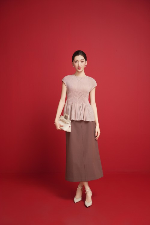 Sixdo Pink Skin Pleated Woven Blouse